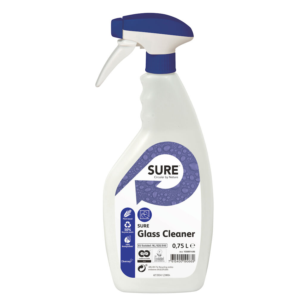 SURE Glass Cleaner 6x0.75L - Detergente per vetri e multiuso.Conforme ai requisiti CAM 2021 in ambito civile e sanitario.
