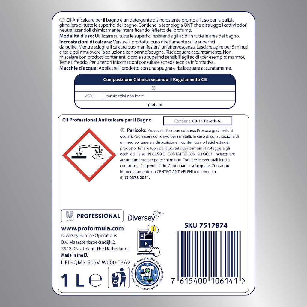 Cif Anticalcare per il Bagno 6x1L - Detergente disincrostante e anticalcare