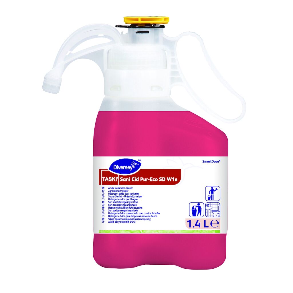 TASKI Sani Cid Pur-Eco SD W1e 1.4L - Detergente acido per il bagno in SmartDose.Conforme ai requisiti CAM 2021 in ambito civile e sanitario.