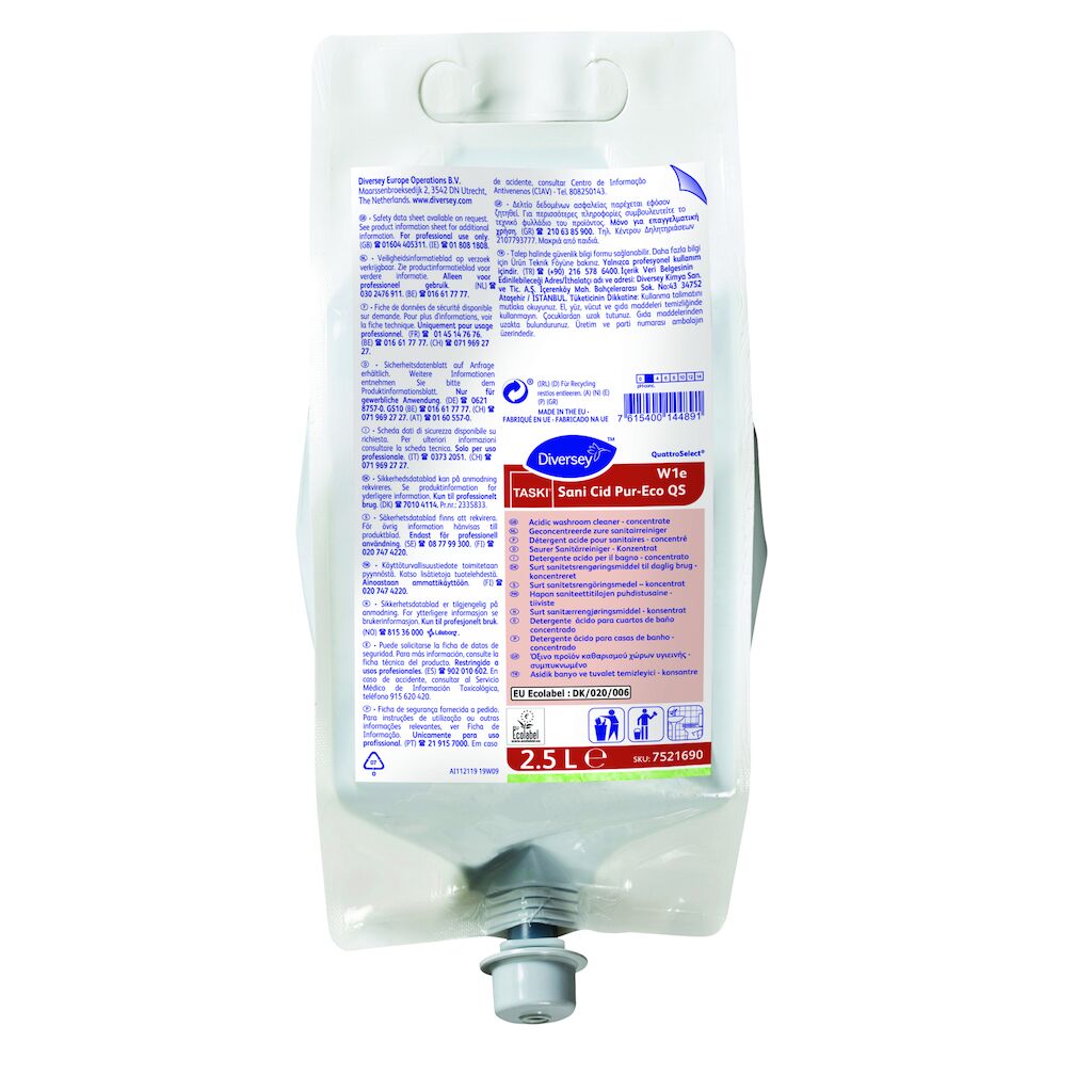 TASKI Sani Cid Pur-Eco QS W1e 2x2.5L - Detergente acido per il bagno in QuattroSelect.Conforme ai requisiti CAM 2021 in ambito civile e sanitario.